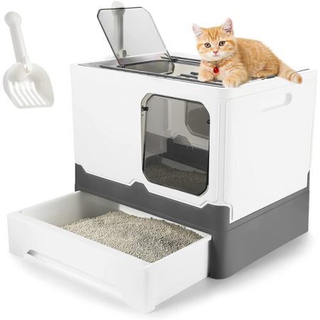 Poloma Cat Litter Box with Lid Drawer Type Foldable Cat Litter Tray Box Sturdy Semi-Enclosed Toilet