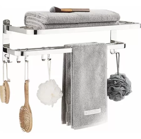 Toallero Doble Acero Inoxidable Baño De Pared Con Ganchos